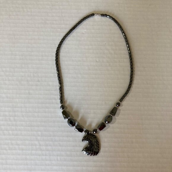 American Bald Eagle Head Hematite Bead Necklace Freedom Bird - Picture 1 of 5